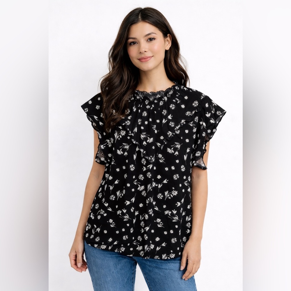 Adrienne Vittadini Black Floral Ruffle Blouse Women’s Medium Flutter Sleeve Top